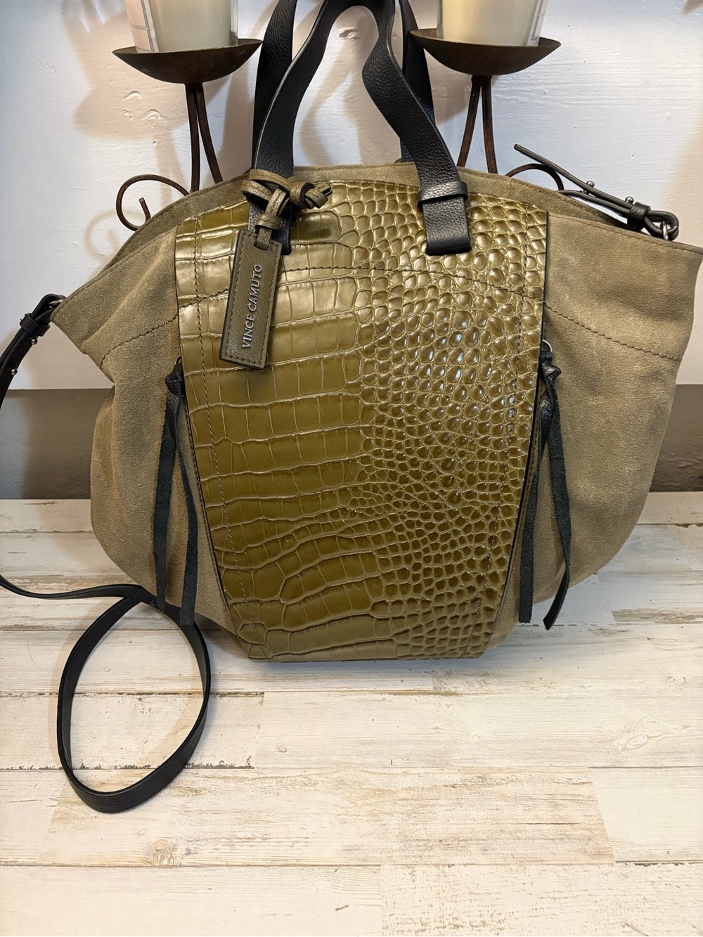 Vince Camuto Olive Croc-Embossed Suede Crossbody Tote with Black Trim